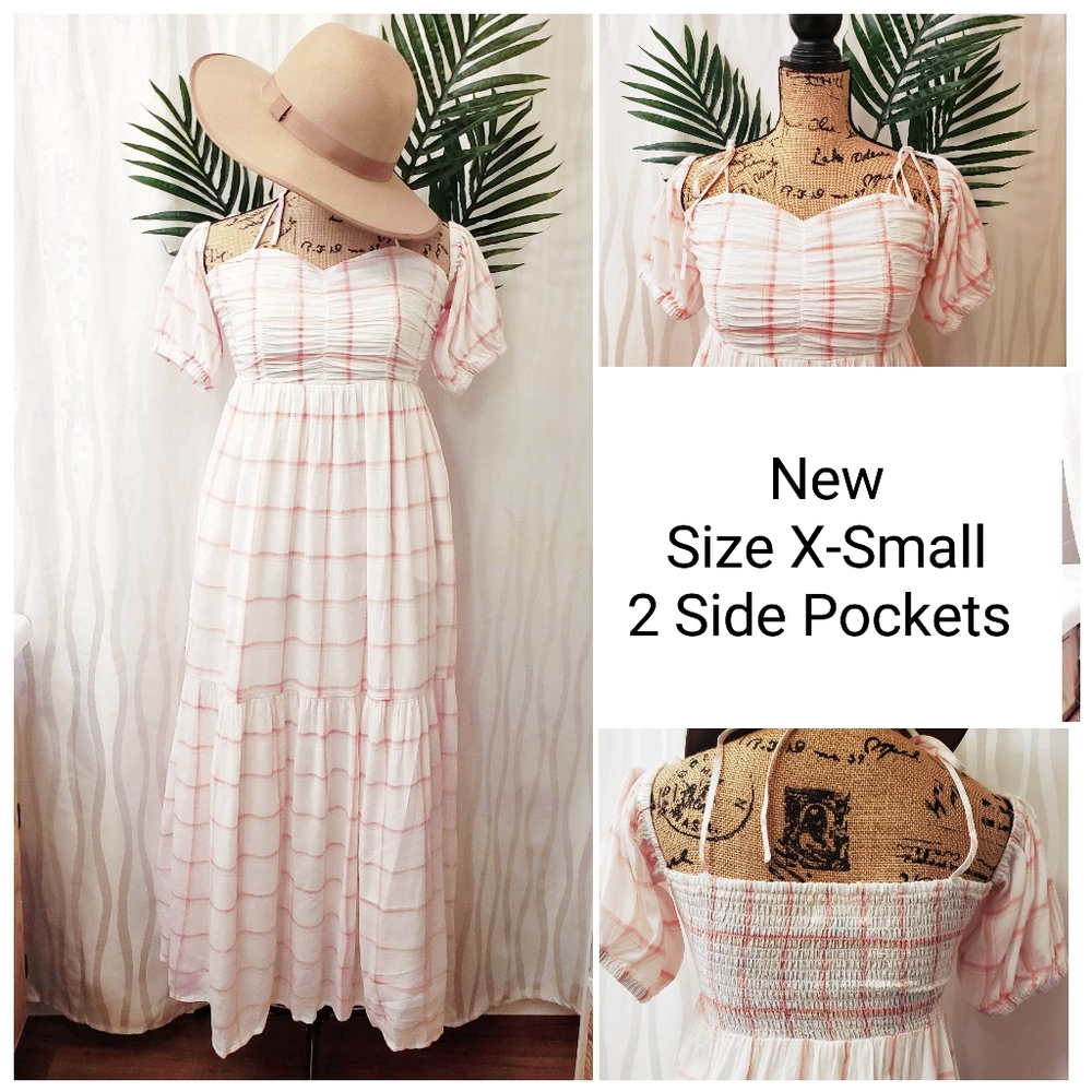 New without Tags-Size XS- Puff Short Sleeve A-Line Dress- White/Pink- Lined Boho